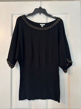 Cache Black Long Sleeve Sweater with Gold Braid Trim